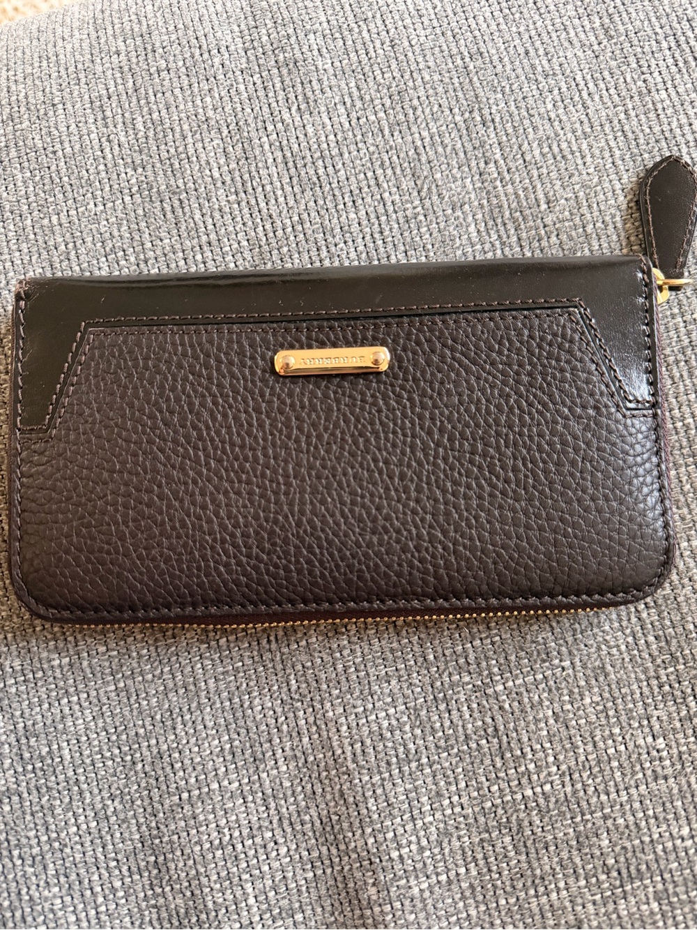 Burberry Dark Brown Pebbled Leather Zip-Around Wallet with Gold Plate